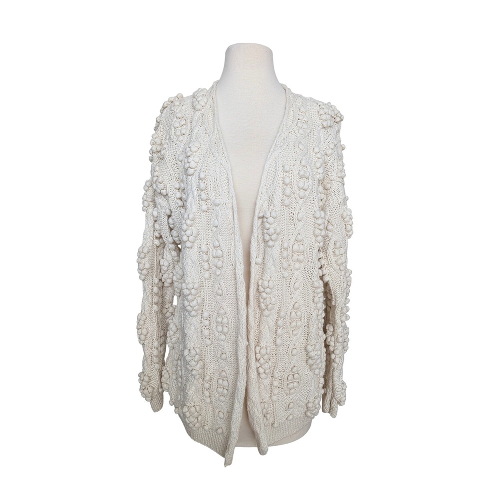 Cape Isle Knitters Hand Knit‎ Cardigan Cream Bobble Cotton Ramie L